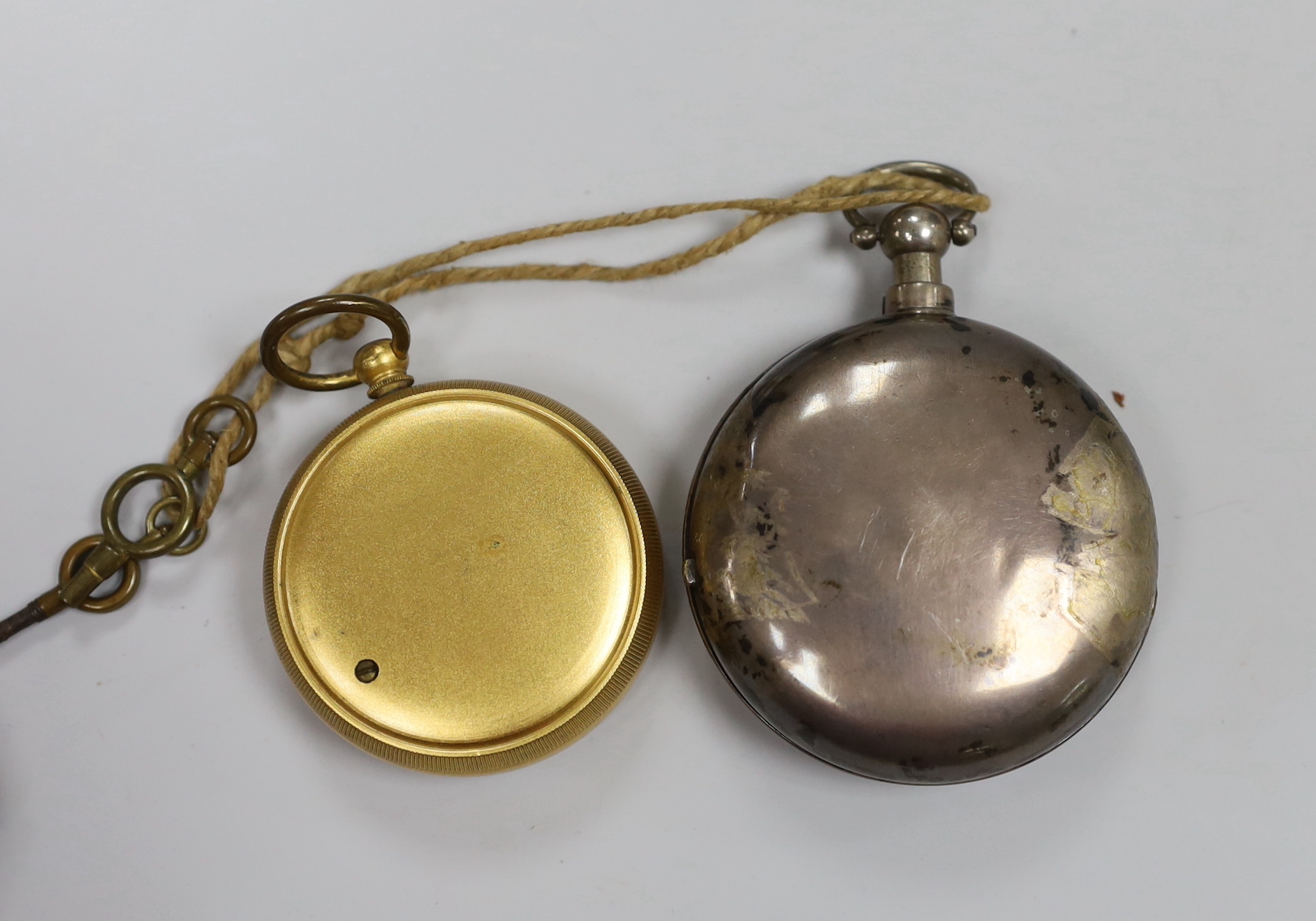 A George III silver pair cased pocket watch with enamel dial and fusee movement, London 1810, William Mean, together with a pocket barograph with leather case, the watch 52mm in diameter